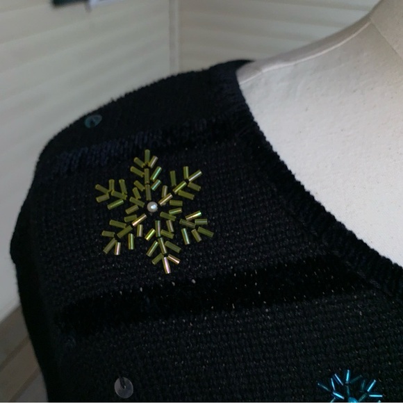 Quacker Factory Beaded Snowman Cardigan Sweater 1X Black Full Zip Snow Winter - Picture 6 of 10